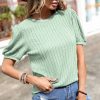 Women's Mist Green Textured Round Neck Short Puff Sleeve Top for Casual and Office Wear - Image 5