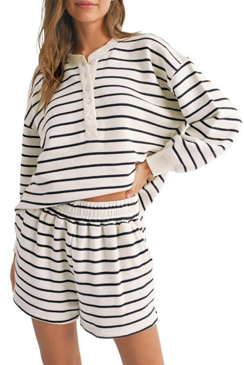 Women's Black and White Stripes Printed Half Button Long Sleeve Top and Shorts Set