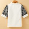 Elegant Women's White Geometric Textured Short Sleeve Blouse with Frilly V Neck - Image 6