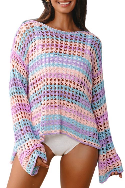 Women's Purple Multi Stripe Open Knit Sweater Beach Cover Up