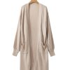 Women's Beige Long Knitted Cardigan with Puff Sleeves and Side Pockets - Image 13