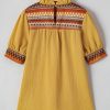 Chic Mustard Geometric Short Puff Sleeve Blouse with Frilled Collar - Image 14