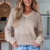 Women's Brown Eyelet Pattern V Neck Drop Shoulder Sweater - Casual Chic for Fall - Image 6