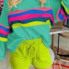 Women's Green Stripe Accent Long Sleeve Casual T-Shirt - Image 2