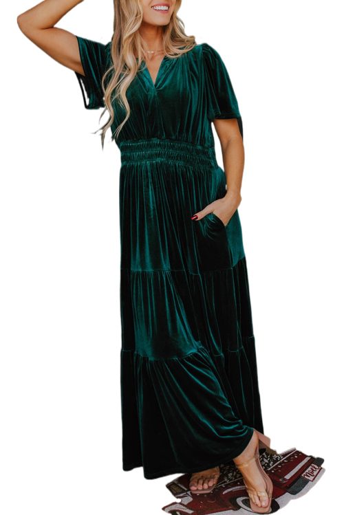 Evergreen Velvet Maxi Dress with Short Sleeves and Tiered Skirt