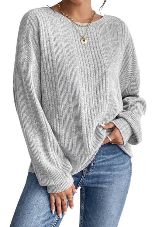 Women's Light Grey Textured Crossover Backless Knit Long Sleeve Top