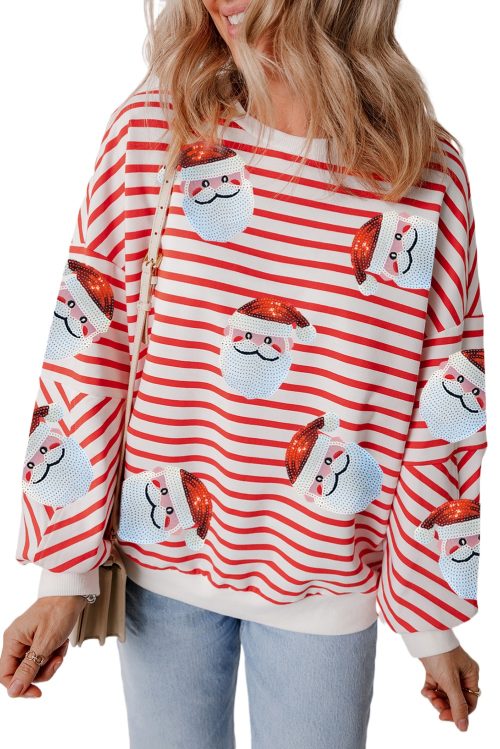 Women's Orange Stripe Sequin Santa Claus Pattern Christmas Pullover Sweatshirt