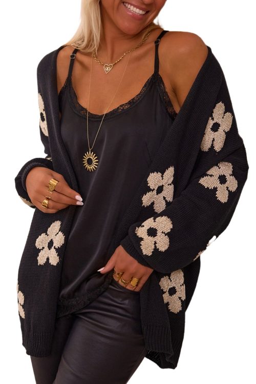 Women's Black Floral Print Knitted Open Front Loose Cardigan