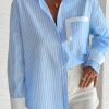 Women's Sky Blue Stripe Contrast Cuffed Sleeve Casual Shirt with Patch Pocket - Image 7