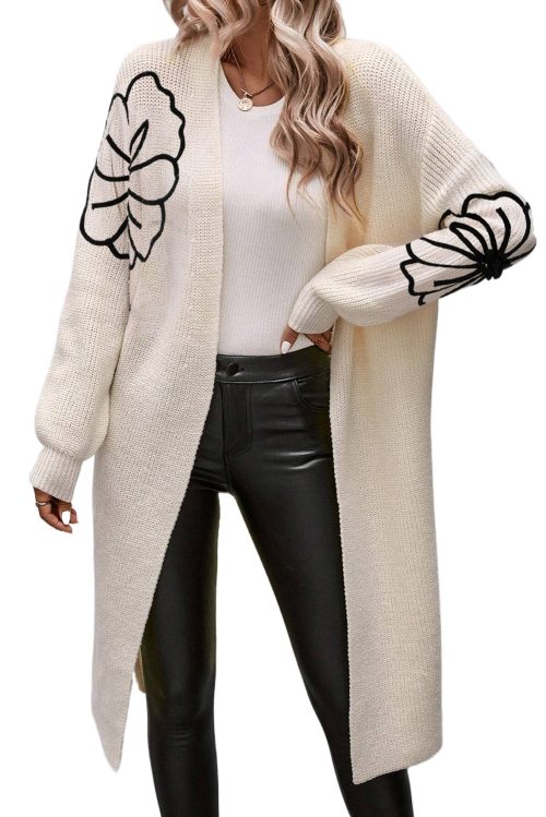 Women's Beige Embroidered Drop Shoulder Open Front Duster Cardigan