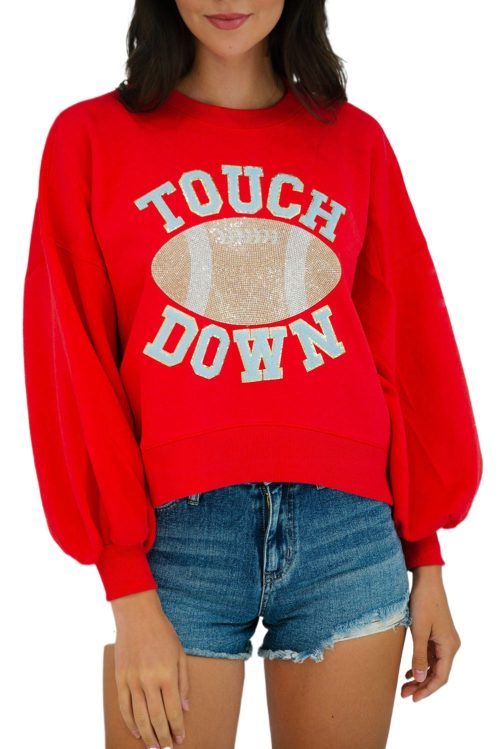 Women's Fiery Red TOUCH DOWN Football Graphic Pullover Sweatshirt - Casual Style