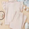 Women's Apricot Textured Ruffled Sleeve Zipped Top and Wide Leg Pants Set - Image 7