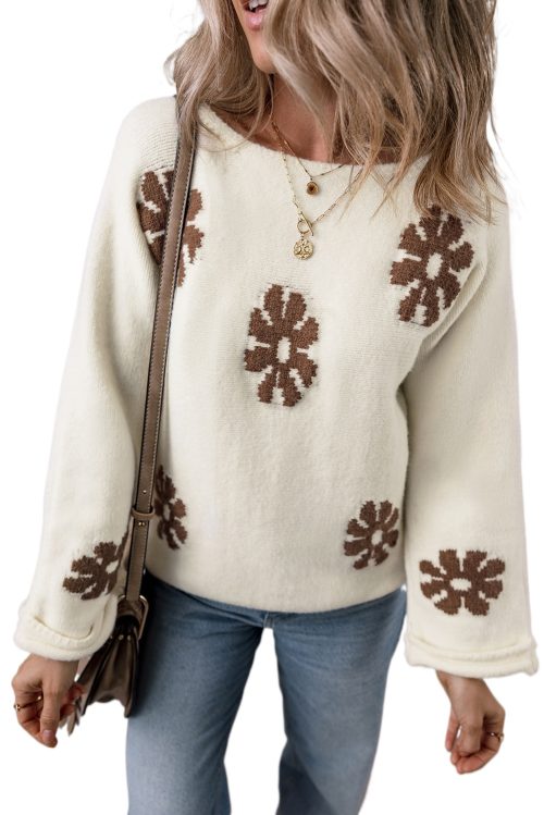 Women's White Colorblock Floral Pattern Long Sleeve Sweater