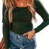 Women's Blackish Green Solid Color Square Neck Long Sleeve Slim Fit Bodysuit - Image 7