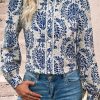 Women's Sky Blue Bohemian Printed Bishop Sleeve Lace Shirt - Image 4
