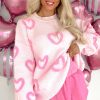 Women's Pink Heart Shape Bubble Sleeve Baggy Sweater - Cozy Casual Fashion - Image 4