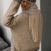 Women's Pale Khaki Contrast Trim Mock Neck Drop Shoulder Sweater - Image 10