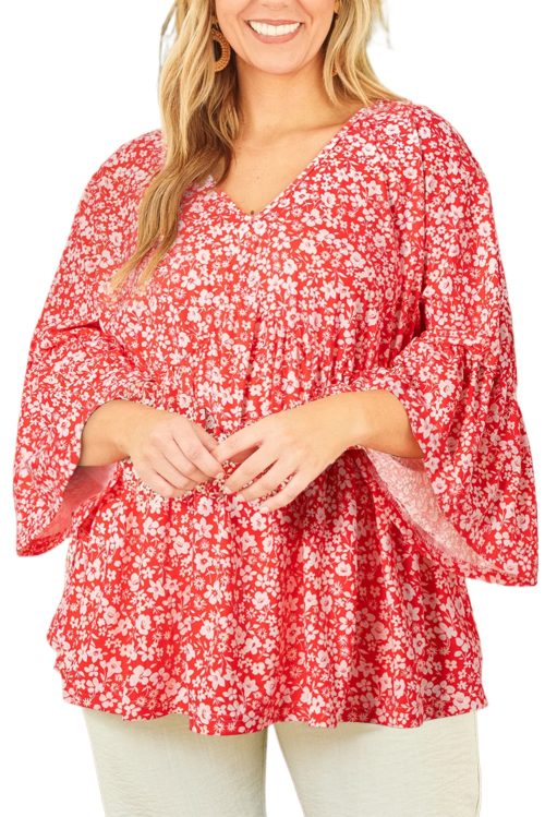 Women's Plus Size Red Floral V Neck Blouse with Flared Bracelet Sleeves