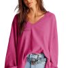 Women's Bright Pink Waffle Knit V Neck Long Sleeve Blouse - Image 11