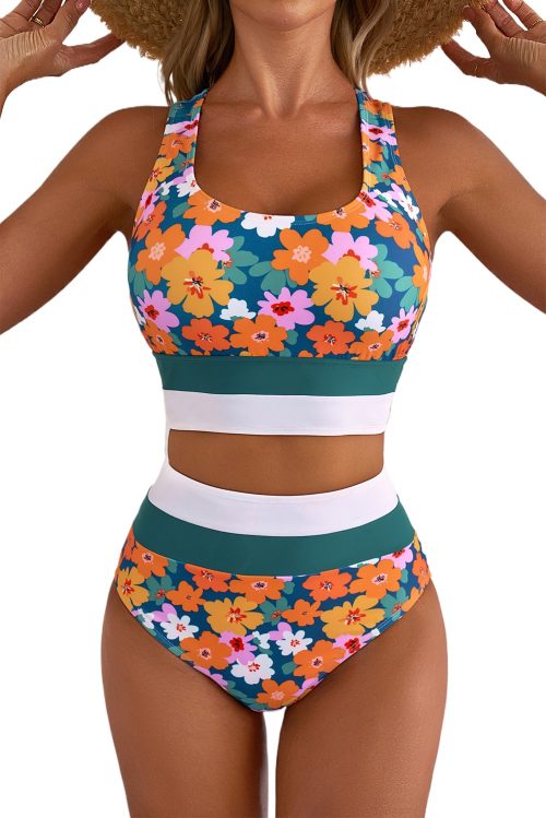 Women's Green Floral Print 2-Piece Bikini - Racerback Cutout High Waist Swimsuit