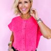 Bright Pink Distressed Hem Short Sleeve Knitted Button Front Sweater for Women - Image 4