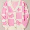 Women's Pink Bowknot Checkered Pattern V Neck Drop Shoulder Button Up Cardigan - Image 7