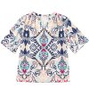 Women's White Abstract Printed Notched V-Neck Split Half Sleeve Blouse - Image 10