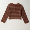 Women's Brown Stripe Textured Frilly Trim Long Sleeve Henley Top - Image 5