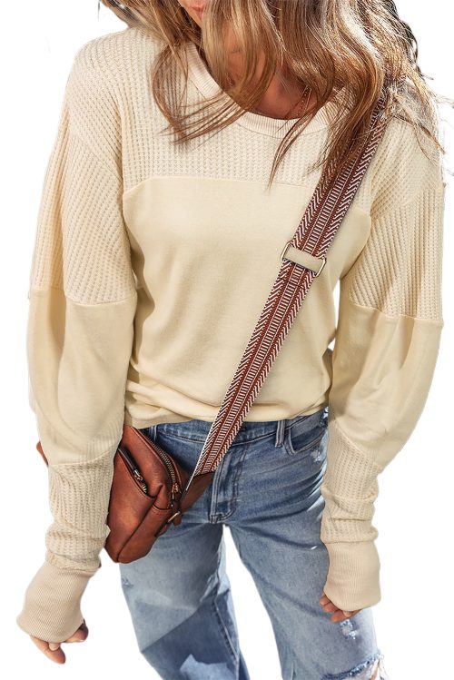 Women's Beige Thermal Knit Patchwork Long Sleeve Top with Exposed Seams