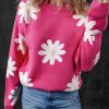 Women's Bright Pink Daisy Flower Crew Neck Long Sleeve Sweater – Cozy & Stylish - Image 4