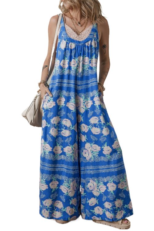 Women's Blue Floral Print Wide Leg Sleeveless Jumpsuit - Perfect for Summer Vacations