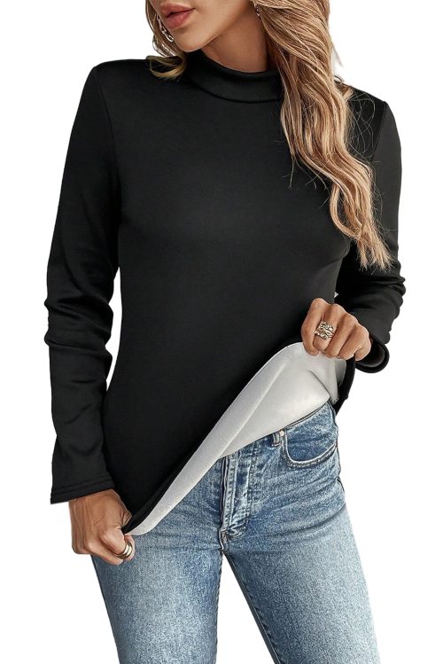 Women's Black Mock Neck Thermal Lined Long Sleeve Tee