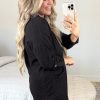 Plus Size Black Ribbed Knit Buttoned Collared Roll Tab Sleeve Mini Dress - Image 2