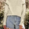 Women's Modern White Contrast Stitch Detail Ribbed Trim Crew Neck Sweater - Image 7