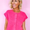 Bright Pink Distressed Hem Short Sleeve Knitted Button Front Sweater for Women - Image 3