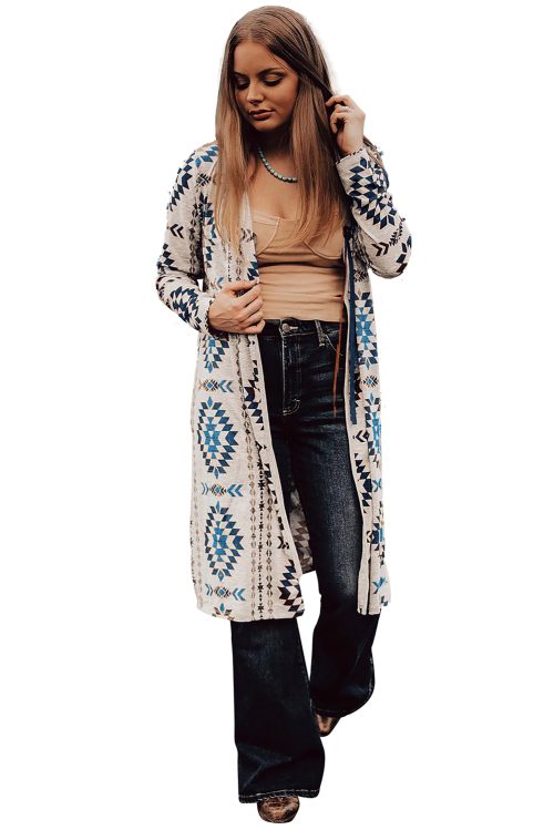 Women's Sky Blue Western Aztec Printed Open Front Long Cardigan