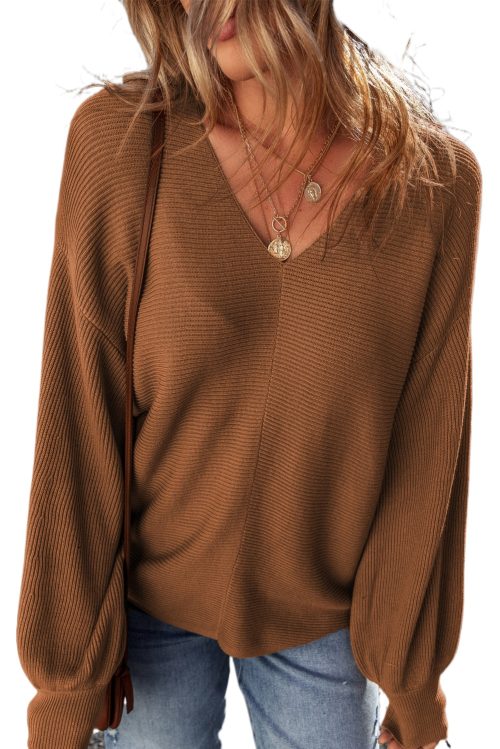 Women's Camel Ribbed Knit Drop Sleeve V Neck Loose Fit Sweater - Cozy & Chic