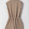 Women's Dark Khaki Textured Short Sleeve Half Zip Drawstring Waist Romper - Image 7