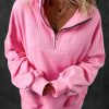 Women's Bonbon Pink Zip-up Stand Neck Kangaroo Pocket Sweatshirt - Image 7
