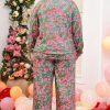 Plus Size Green Printed Long Sleeve and Pants Lounge Set - Image 2