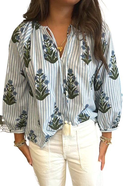 Women's Beau Blue Striped Floral Printed Long Sleeve Tied V Neck Blouse