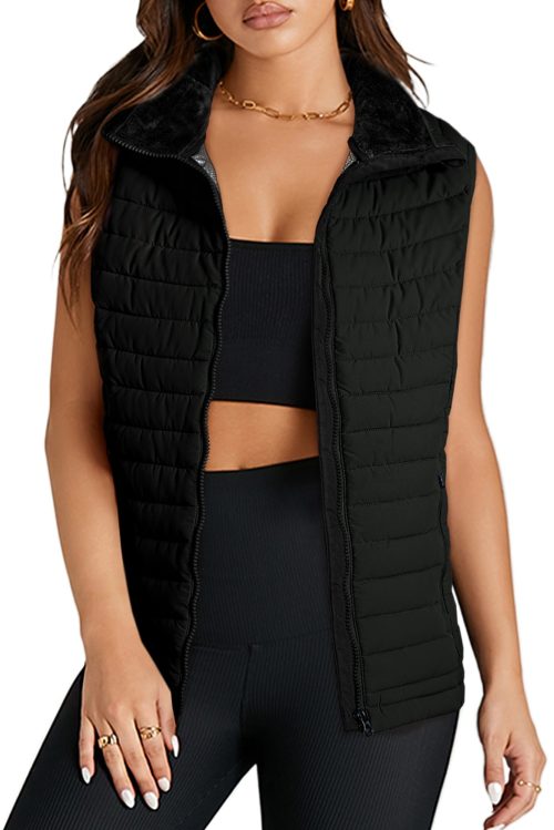 Women's Sleek Black Plush Quilted Zip Puffer Vest