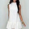 Women's White Textured Frilled High Neck Sleeveless Ruffled Mini Dress - Image 5