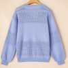 Women's Sky Blue V Neck Drop Shoulder Sweater with Eyelet Pattern Detail - Image 9