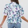 Women's Purple Floral Ricrac Trim Peplum Top with Puff Sleeves - Image 2