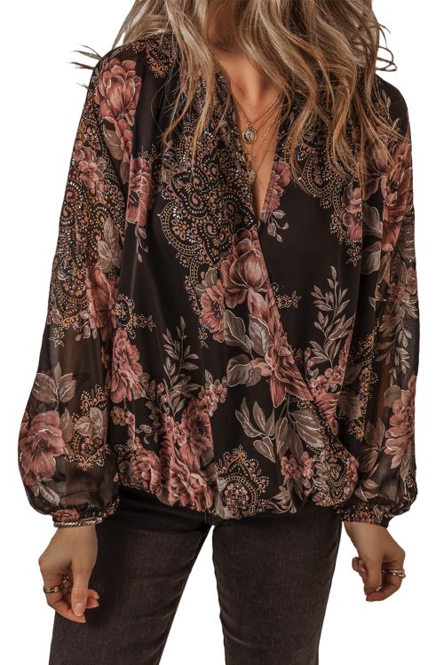 Women's Black Floral Print Criss Cross V Neck Balloon Sleeve Blouse