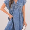 Women's Beau Blue Tie V Neck Denim Shift Dress with Tucking Detail and Pockets - Image 6