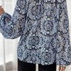 Women's Blue Tribal Print Lace-Up Frilled Neck Puff Sleeve Blouse - Elegant and Stylish - Image 3