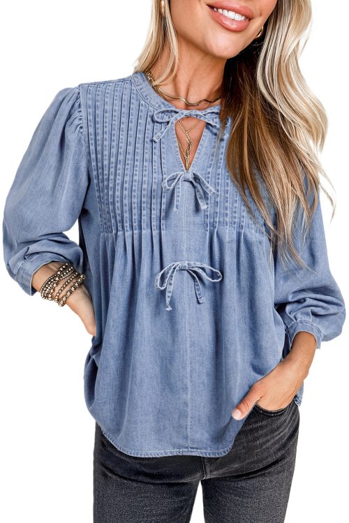 Chic Myosotis Denim Bow Tie Puff Sleeve Top with Pintuck Details