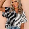 Women's Black Stripe Two Tone Colorblock V Neck T-Shirt - Chic and Casual Style - Image 4